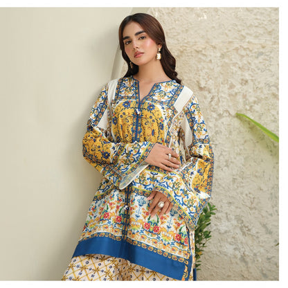 Elegant Blue & Yellow Digital Printed 2-Piece Lawn Suit – Traditional Pakistani Style