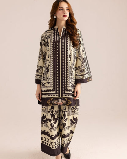 Elegant Beige & Black Printed Two-Piece Lawn Suit with Floral Accents