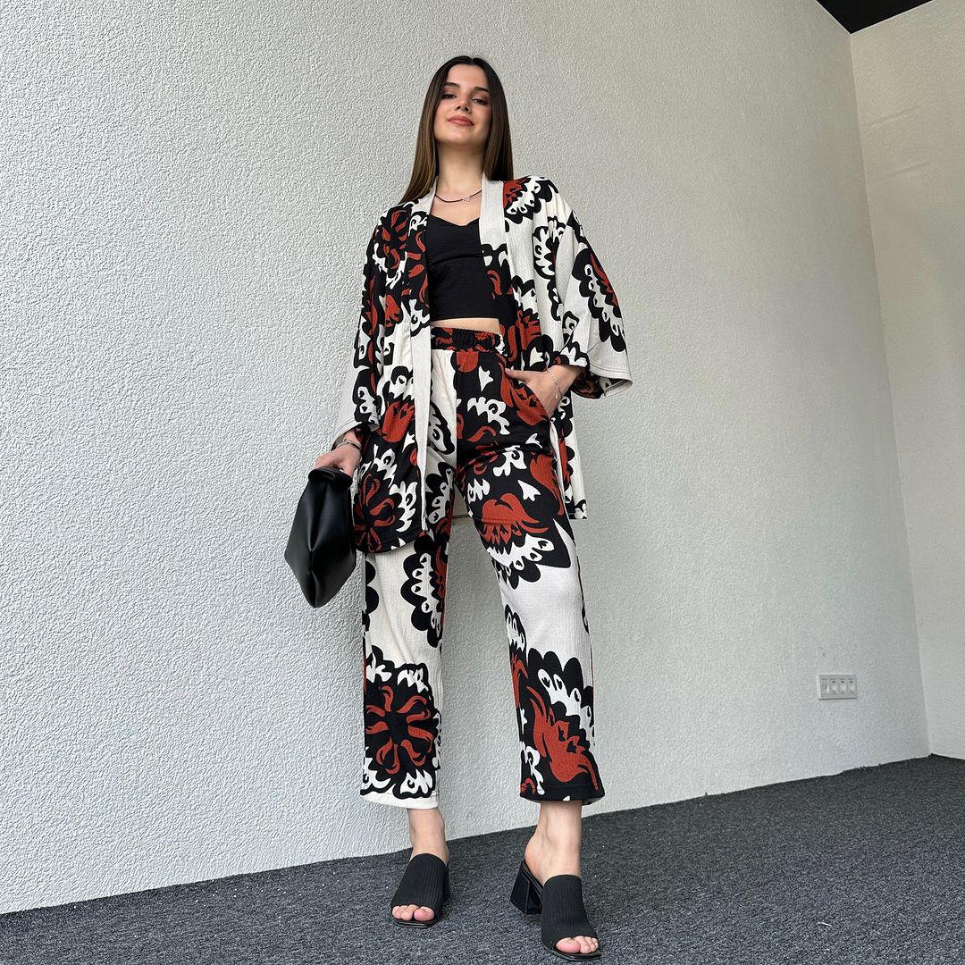 Modern Women's Spider Fabric Kimono Lawn Suit