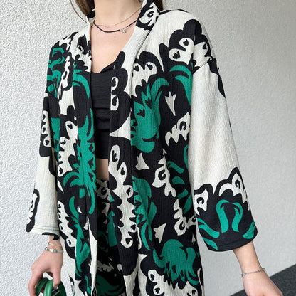 Modern Women's Spider Fabric Kimono Lawn Suit