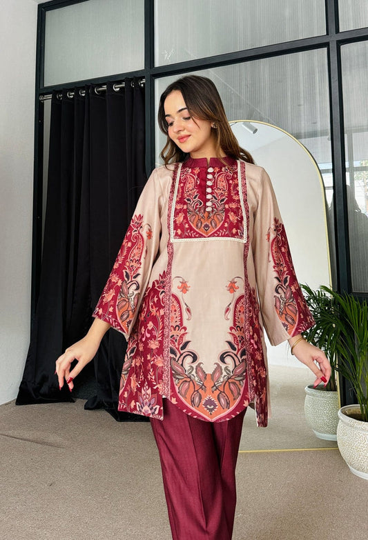 Graceful Maroon Digital Printed Two-Piece Suit