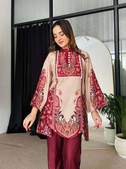 Graceful Maroon Digital Printed Two-Piece Suit