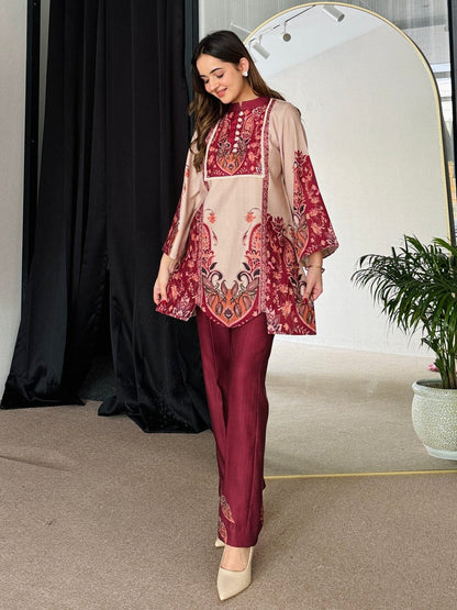 Graceful Maroon Digital Printed Two-Piece Suit